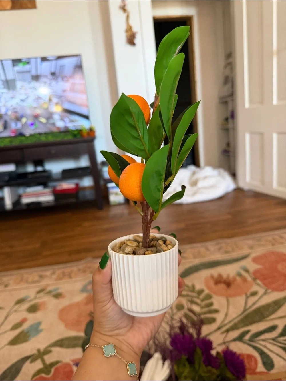 Faux Citrus Topiary Plant in White Ribbed Pot - Orange Green